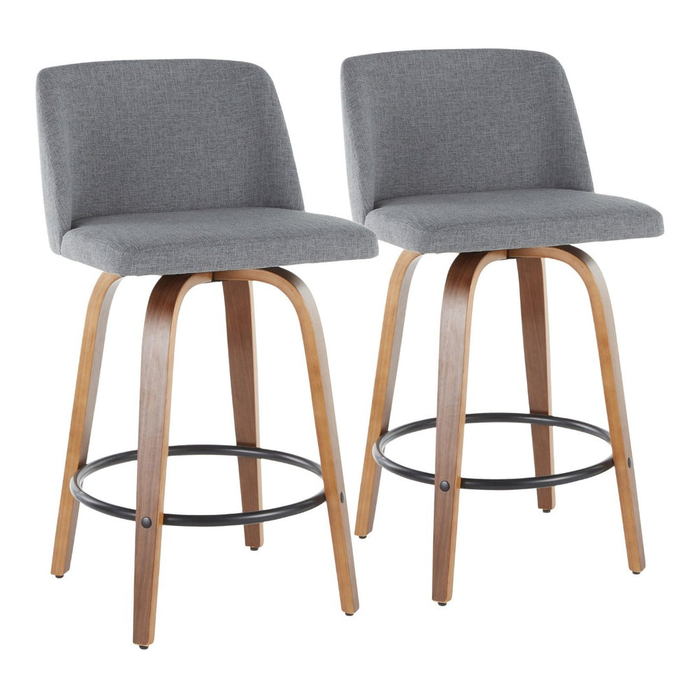 English Elm Toriano Mid-Century Modern Counter Stools - Set Of 2, Stylish Swivel Seats In Walnut & Grey Fabric B202S00383-GIGA