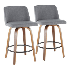 English Elm Toriano Mid-Century Modern Counter Stools - Set Of 2, Stylish Swivel Seats In Walnut & Grey Fabric B202S00383-GIGA