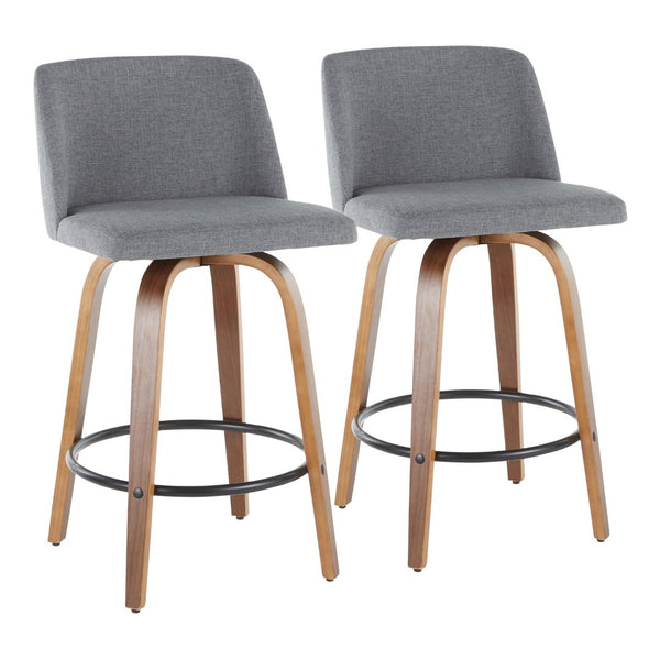 English Elm Toriano Mid-Century Modern Counter Stools - Set Of 2, Stylish Swivel Seats In Walnut & Grey Fabric B202S00383-GIGA
