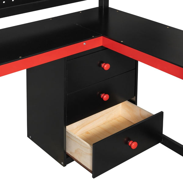 English Elm Full Size Gaming Loft Bed with Led Lighting Desk Shelves and Usb Charging Ports N820S00070J