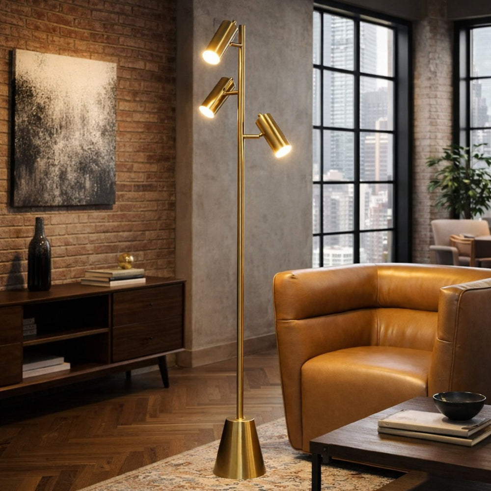 English Elm Lumina Brushed Gold Triple Spotlight Floor Lamp with Adjustable Cone Heads for Any Room B183P231758