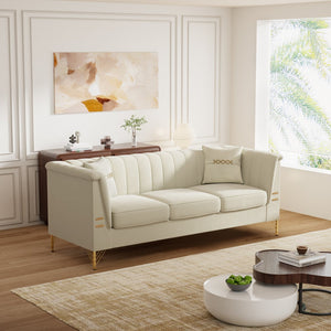 English Elm Fx-P82-Be3 - Luxurious Beige Velvet Chesterfield 3-Seater Sofa With 2 Pillows For Modern Living Spaces W576S00220