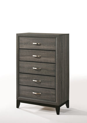 English Elm Weathered Grey Five-Drawer Chest with Rustic Vintage Finish, Smooth Pulls, Generous Storage Space B062P209052