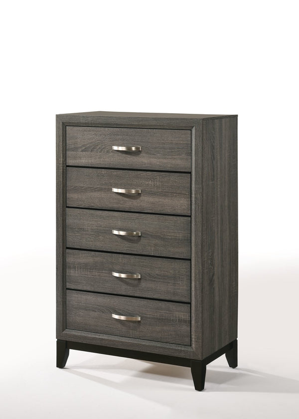 English Elm Weathered Grey Five-Drawer Chest with Rustic Vintage Finish, Smooth Pulls, Generous Storage Space B062P209052