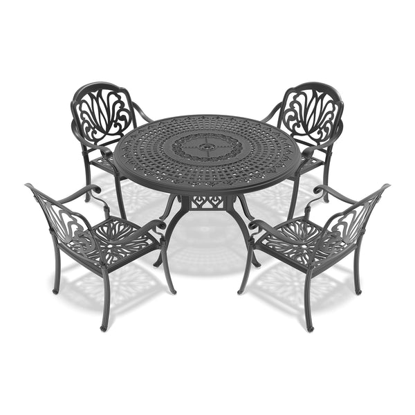 English Elm 5-Piece Cast Aluminum Patio Furniture Set With Plush Brown Cushions For Stylish Outdoor Dining W1710S00091