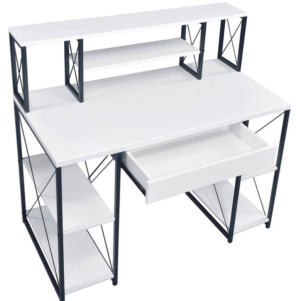 English Elm White White and Black Office Desk with Hutch, Spacious Drawer, Stable Wood Surface for Studios B062P184529