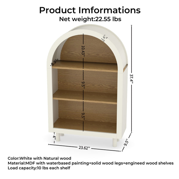 English Elm Arched White & Woodgrain Bookcase with 3 Shelves — Elegant Arched Top, Solid Wood Legs, Versatile Storage W2557P331018