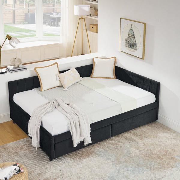 English Elm Full Size Upholstered Tufted Daybed Frame With Storage Drawers, Plush Velvet In Elegant Black Finish W1413S00088