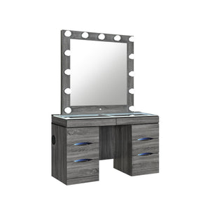 English Elm Lorena Grey Vanity with Lighted Mirror and Stool – Solid Wood MDF, 6 Drawers, Glass Top, Sturdy B201S00443