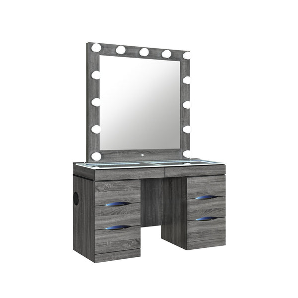 English Elm Lorena Grey Vanity with Lighted Mirror and Stool – Solid Wood MDF, 6 Drawers, Glass Top, Sturdy B201S00443