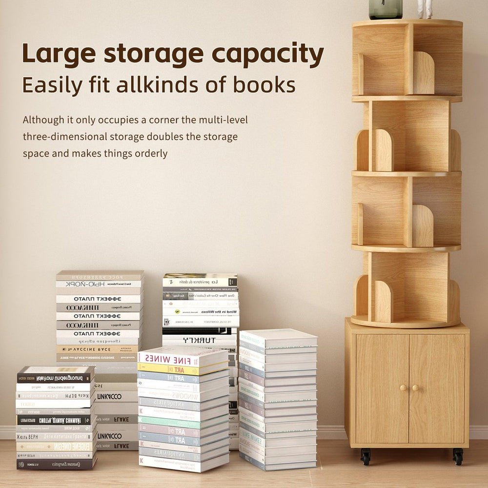 English Elm Rotating 5-Tier Corner Bookshelf with Drawer — 360° Rotating Narrow Wood Organizer for Small Spaces (NW) W2641P375499
