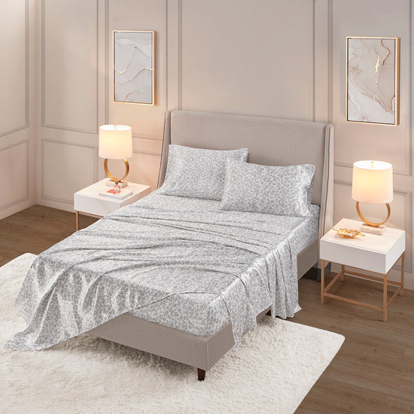 JLA Home Madison Park Essentials - Sheet Satin Luxe Set with Silky, Wrinkle-Resistant Fabric and Elegant Marble-Inspired Blue Pattern for Beauty Sleep Gray Leopard MPE20-1001