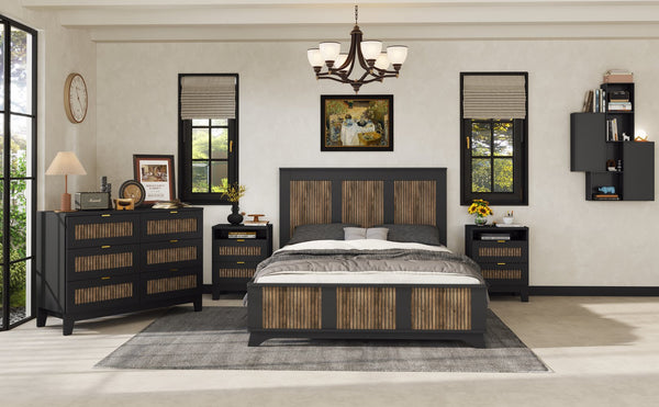 English Elm 4-Pieces Queen Platform Bed Set with Storage Nightstands & Dresser, Wooden Strip Accent, Modern Farmhouse Elegance Black 52.17 L x 18.5 W x 11.81 H HL000191AAB