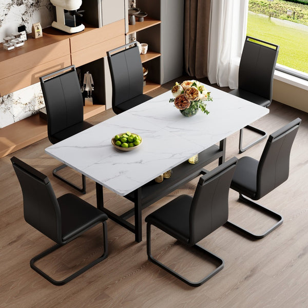 English Elm Table And Chair Set - Modern 71" White Grain Dining Table With Built-In Storage & 6 Black Pu Chairs W1151S04274-GIGA