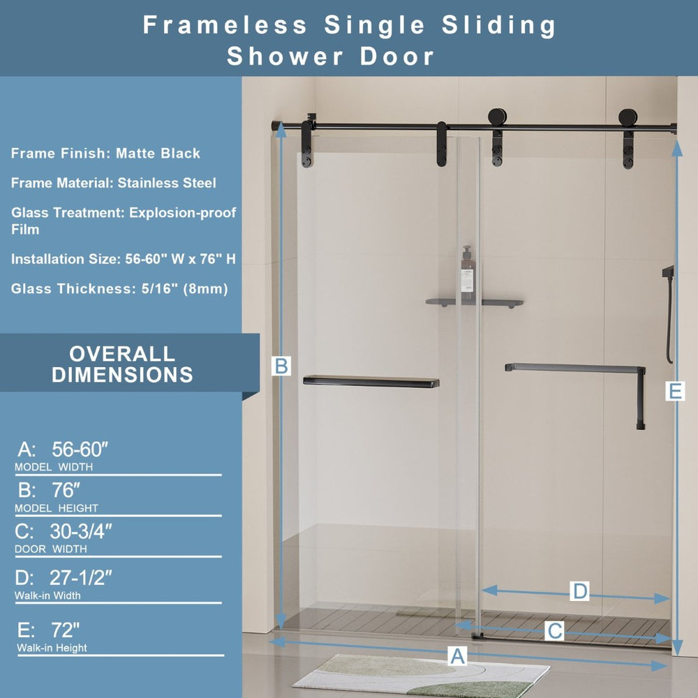 English Elm 56-60 in Frameless Sliding Shower Door Tempered Glass Matte Black Stainless Hardware W1920S00058