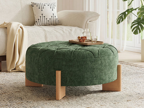 English Elm 32" Round Chenille Ottoman Tufted Footrest with Rubberwood Legs for Living Room Green N723P405298G