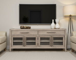 English Elm 65 inch TV Stand Console White Oak Finish — Fully Assembled, Seeded Glass Doors, Rubbed Bronze Hardware, Ample Storage, Fits TVs to 75" B108P163862