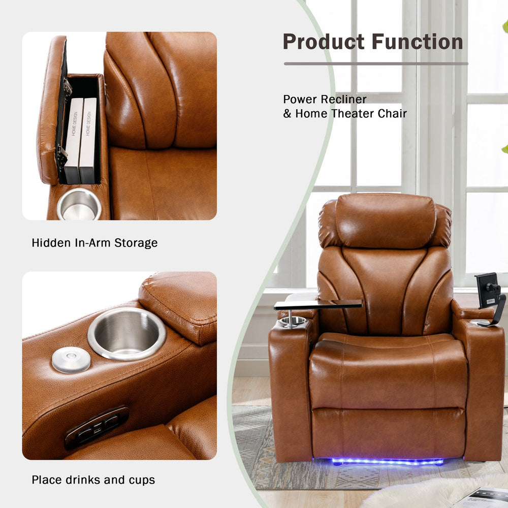 English Elm Power Motion Recliner Electric with USB Charging, Hidden Arm Storage, Cup Holder & Bluetooth Speaker Light Brown N719S000800S