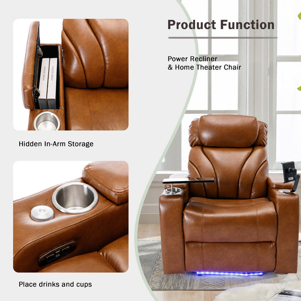 English Elm Power Motion Recliner Electric with USB Charging, Hidden Arm Storage, Cup Holder & Bluetooth Speaker Light Brown N719S000800S
