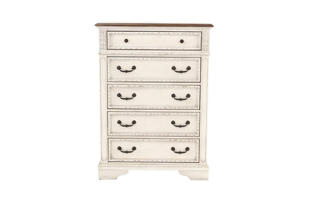 English Elm Antique Cream Wooden Chest of Drawers 5-Drawer Bedroom Dresser with Walnut Top Vintage Charm B011P236763