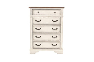 English Elm Antique Cream Wooden Chest of Drawers 5-Drawer Bedroom Dresser with Walnut Top Vintage Charm B011P236763