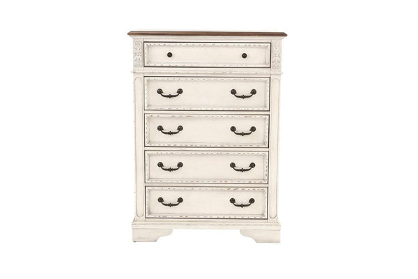 English Elm Antique Cream Wooden Chest of Drawers 5-Drawer Bedroom Dresser with Walnut Top Vintage Charm B011P236763