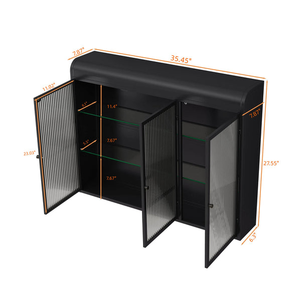English Elm 3 Door Arched Wall Mounted Glass Cabinet with Wide Top Narrow Bottom Design for Stylish Storage and Display Black W757P221501