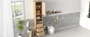 English Elm 67.7" Tall Freestanding Bathroom Cabinet with 3 Drawers, Open Shelves, Gold Handles, Anti-Tip Safety N729P335604O