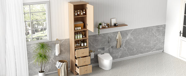 English Elm 67.7" Tall Freestanding Bathroom Cabinet with 3 Drawers, Open Shelves, Gold Handles, Anti-Tip Safety N729P335604O