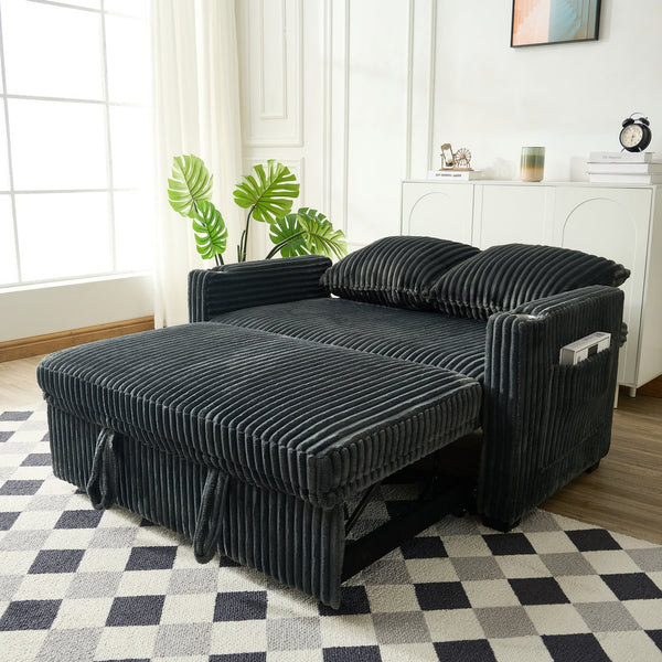 English Elm Sleeper Modern Corduroy Convertible Sofa Bed with USB Ports, Cup Holders, Storage Pockets, Recline Gray W1825P333315