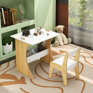 English Elm Kids Multifunctional Table Set with Chair, Convertible MDF Top for Study Drawing Play, White Natural Finish W808P293817