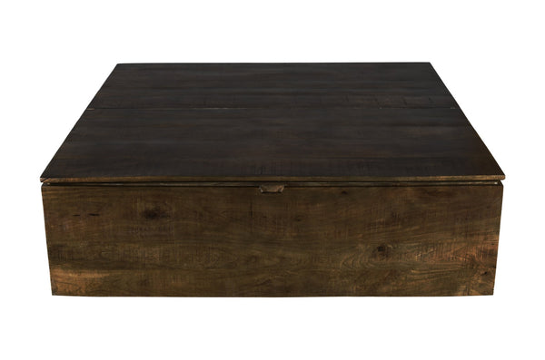 English Elm Large Rustic Trunk Coffee Table Dark Coffee Solid Wood 58" Square Farmhouse Style Rustic Mango Design with Hydraulic Hinges and Magnetic Doors B024P303937