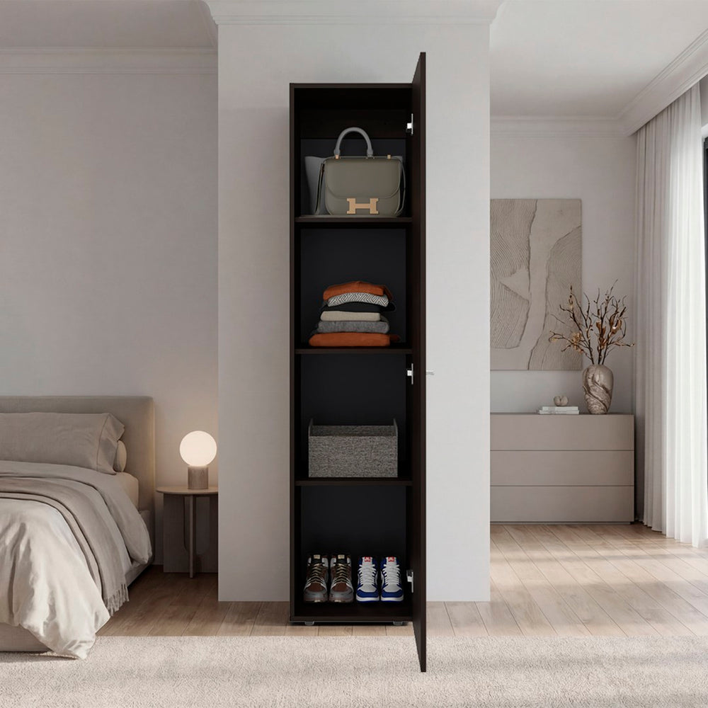 English Elm Deftones Tall Narrow Wenge Cabinet Four Shelves Slim Floor to Ceiling Bedroom Storage B128P485410