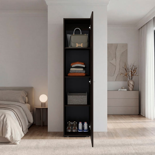 English Elm Deftones Tall Narrow Wenge Cabinet Four Shelves Slim Floor to Ceiling Bedroom Storage B128P485410