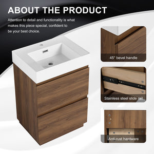 English Elm 24" Modern Bathroom Vanity with Single Undermount Sink, Engineered Wood, Waterproof Finish, 2 Drawers and Pre-Drilled Faucet Hole Brown W1972S00006