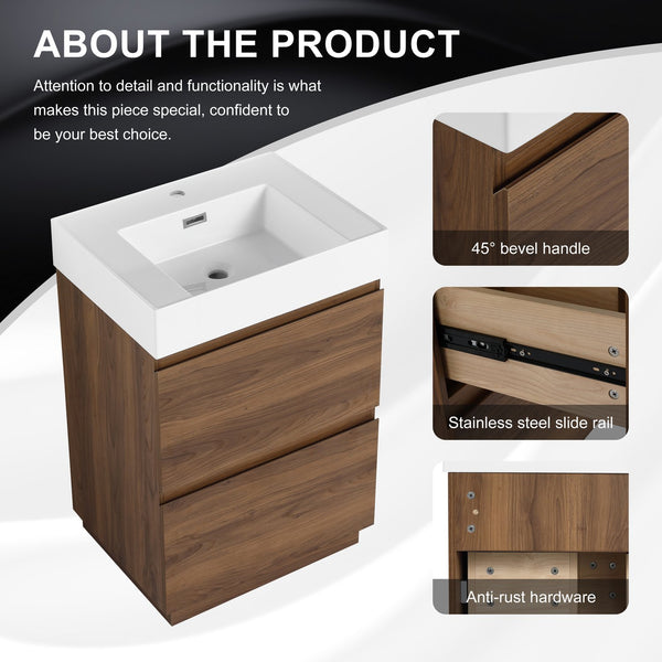 English Elm 24" Modern Bathroom Vanity with Single Undermount Sink, Engineered Wood, Waterproof Finish, 2 Drawers and Pre-Drilled Faucet Hole Brown W1972S00006