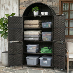 English Elm K&k Tall Arched Pe Rattan Outdoor Storage Cabinet with Adjustable Shelves and Steel Frame Brown+Black N707P420158D