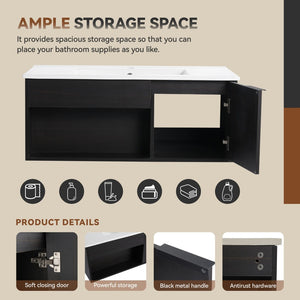 English Elm 36" Floating Bathroom Vanity Dark Oak Ceramic Sink Open Shelf Soft Close Storage W3450P435874
