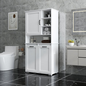English Elm Laundry Cabinet with Tilt-Out Hampers, Adjustable Shelves, Freestanding White Storage Organizer W331S00168