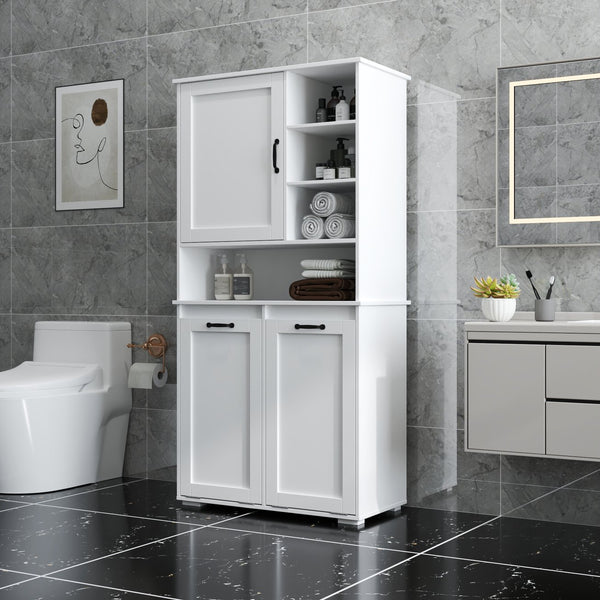 English Elm Laundry Cabinet with Tilt-Out Hampers, Adjustable Shelves, Freestanding White Storage Organizer W331S00168