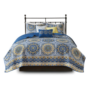 English Elm 6 Piece Tangiers Reversible Quilt Set King/Cal King Blue Yellow Floral Medallion Embroidered Pillows B03597624