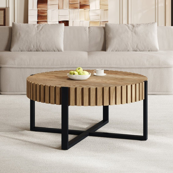English Elm Round Gear Motif Drum Coffee Table Walnut Mdf Top Iron Base Compact Living Room Accent N770P372354N