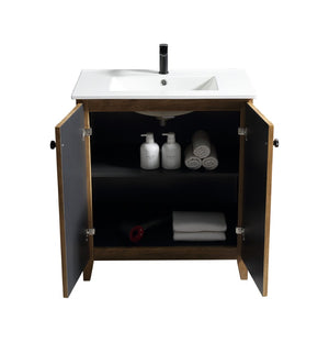 English Elm 30 Inch Floating Bathroom Vanity Fluted Wood Grain Front with Ceramic Integrated Sink Golden Oak W3520S00033