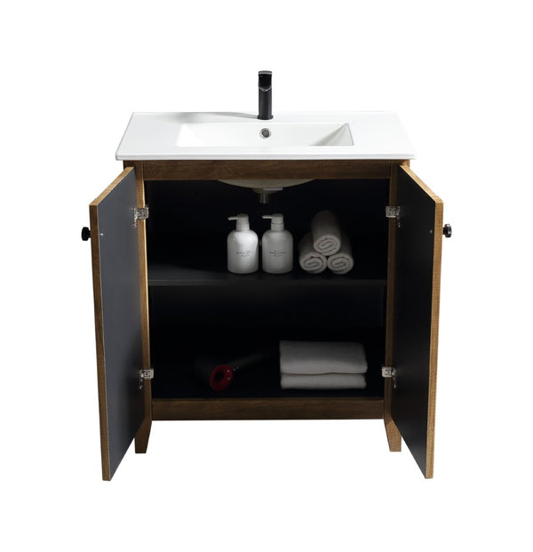 English Elm 30 Inch Floating Bathroom Vanity Fluted Wood Grain Front with Ceramic Integrated Sink Golden Oak W3520S00033