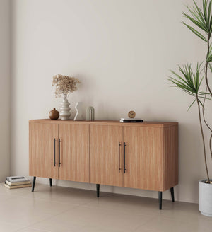English Elm Jodie 65" Fluted Sideboard with Ribbed Doors, 8 Hidden Shelves, Soft-Close, Metal Legs, Modern Appeal Maple B365P397678