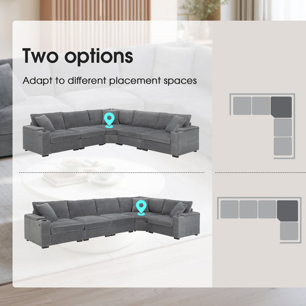 English Elm 106" Convertible L Shaped Sectional Sofa with Corduroy Upholstery, Armrest Storage, USB Charging Hub, Cup Holders, Modular Comfort for Living Room Gray N723S0187E