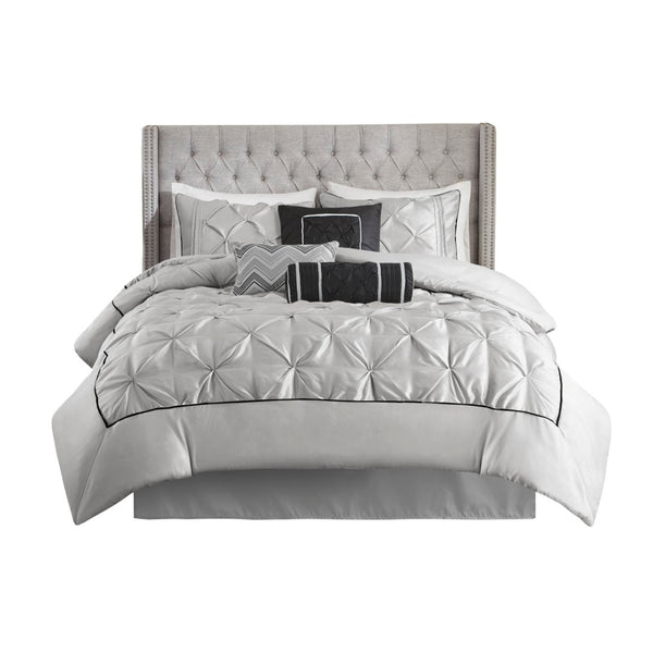 English Elm 7-piece Queen Tufted Pleated Comforter Set with Shams Bed Skirt Decorative Pillows Grey B035P463169