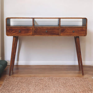 English Elm Solid Solid Wood Triple Curved Chestnut Console Table with 3 Drawers, 3 Open Slots, Brass Knobs, Nordic Legs B182P234104