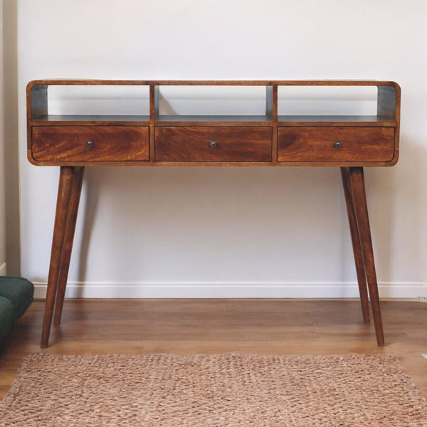 English Elm Solid Solid Wood Triple Curved Chestnut Console Table with 3 Drawers, 3 Open Slots, Brass Knobs, Nordic Legs B182P234104