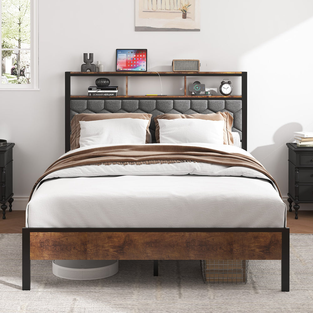 English Elm Full size wooden platform bed with upholstered headboard, large under-bed storage, USB/Type-C charging, quiet assembly-friendly design W636P317029